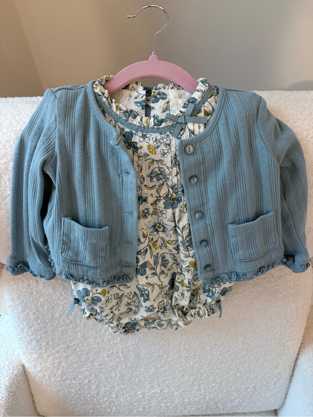 Blue Floral-Trim Baby One-Piece with Knit Cardigan